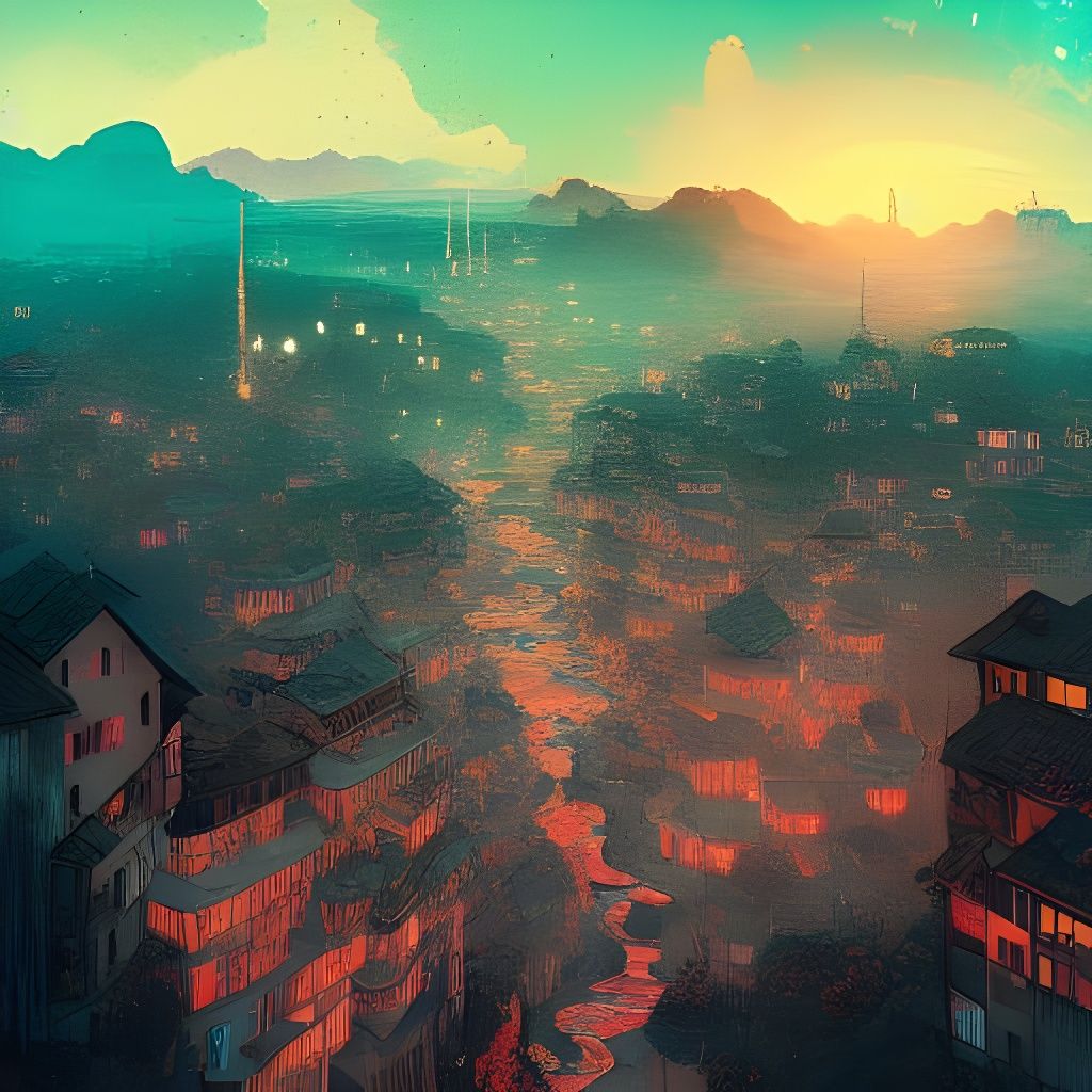 Enchanting Valley Town at Sunset: Digital Masterpiece