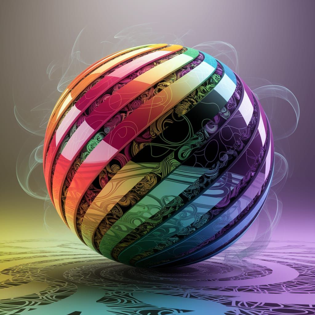 Vibrant Neon Sphere in Swirling Fog, Art Nouveau Style