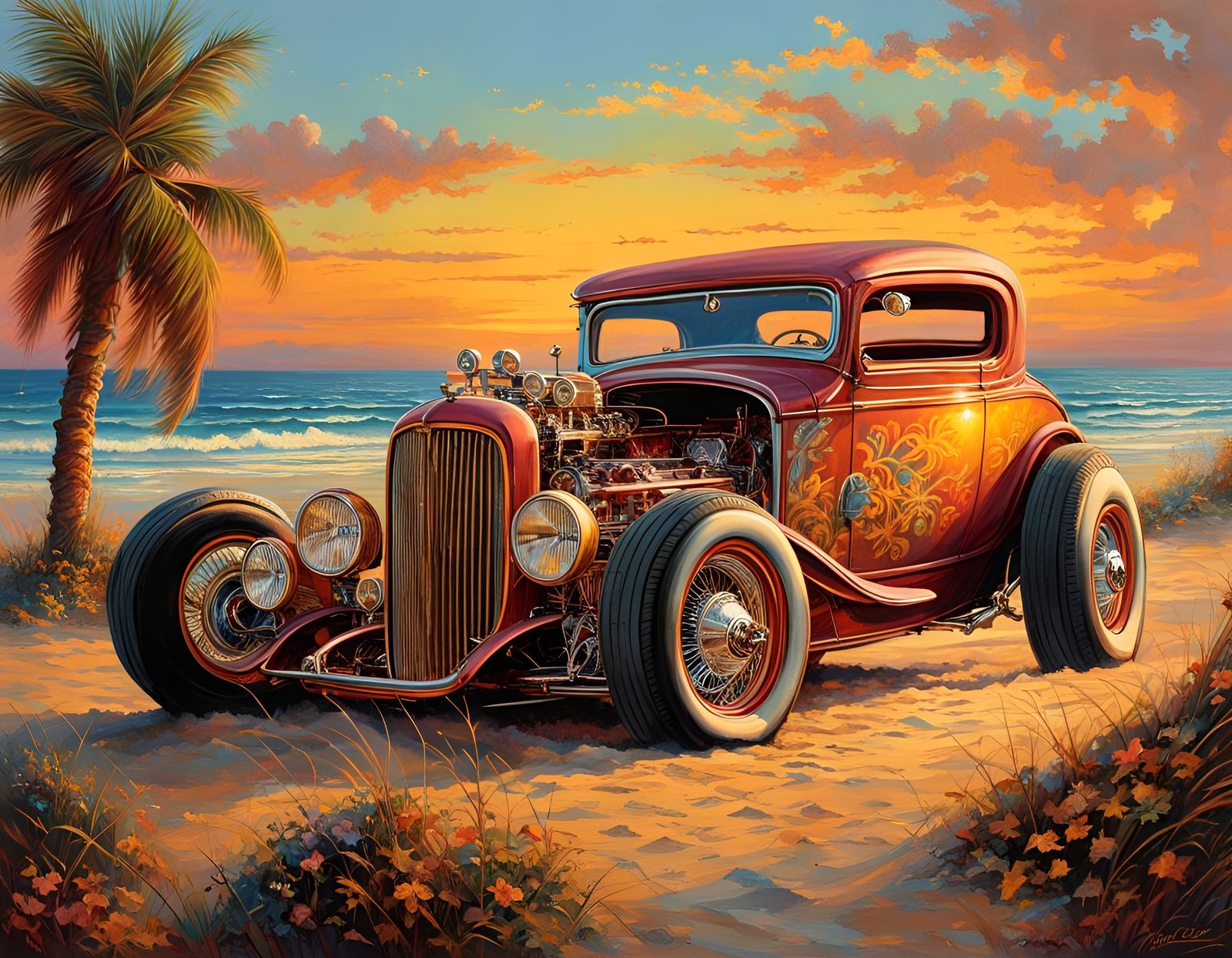 Classic Car at Sunset: Watercolor and Fantasy Art