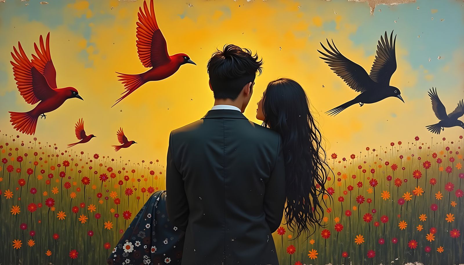 Silhouette Figure Carrying Woman in Surreal Oil Painting