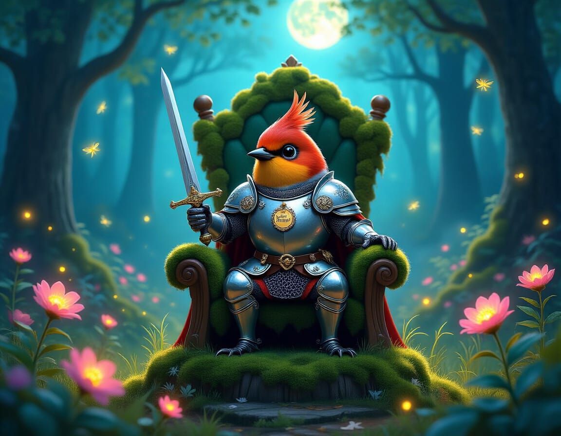 Robin Knight on Mossy Throne in Moonlit Forest