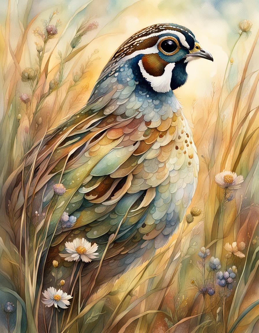 Quail in Wildflower Field, Ethereal Oil Painting