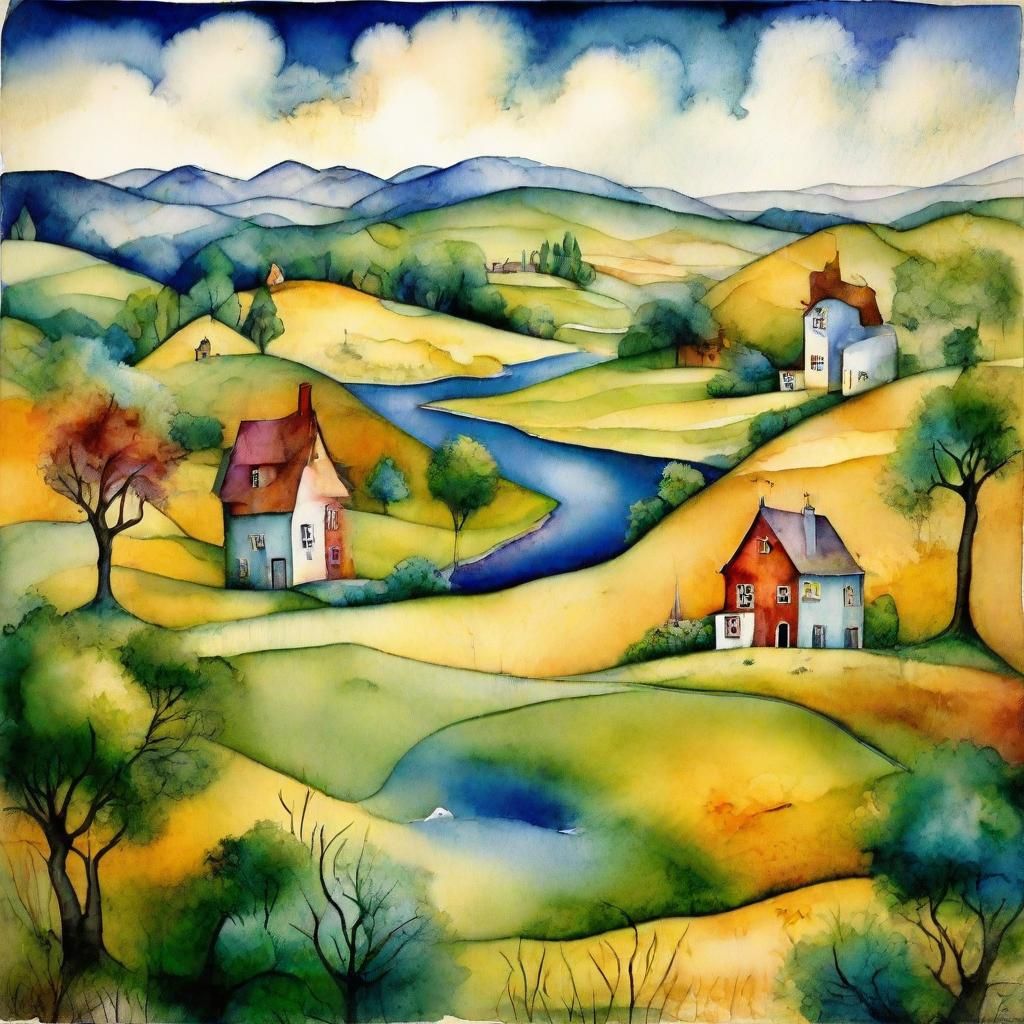 Surreal Watercolor Landscape in Chagall Style