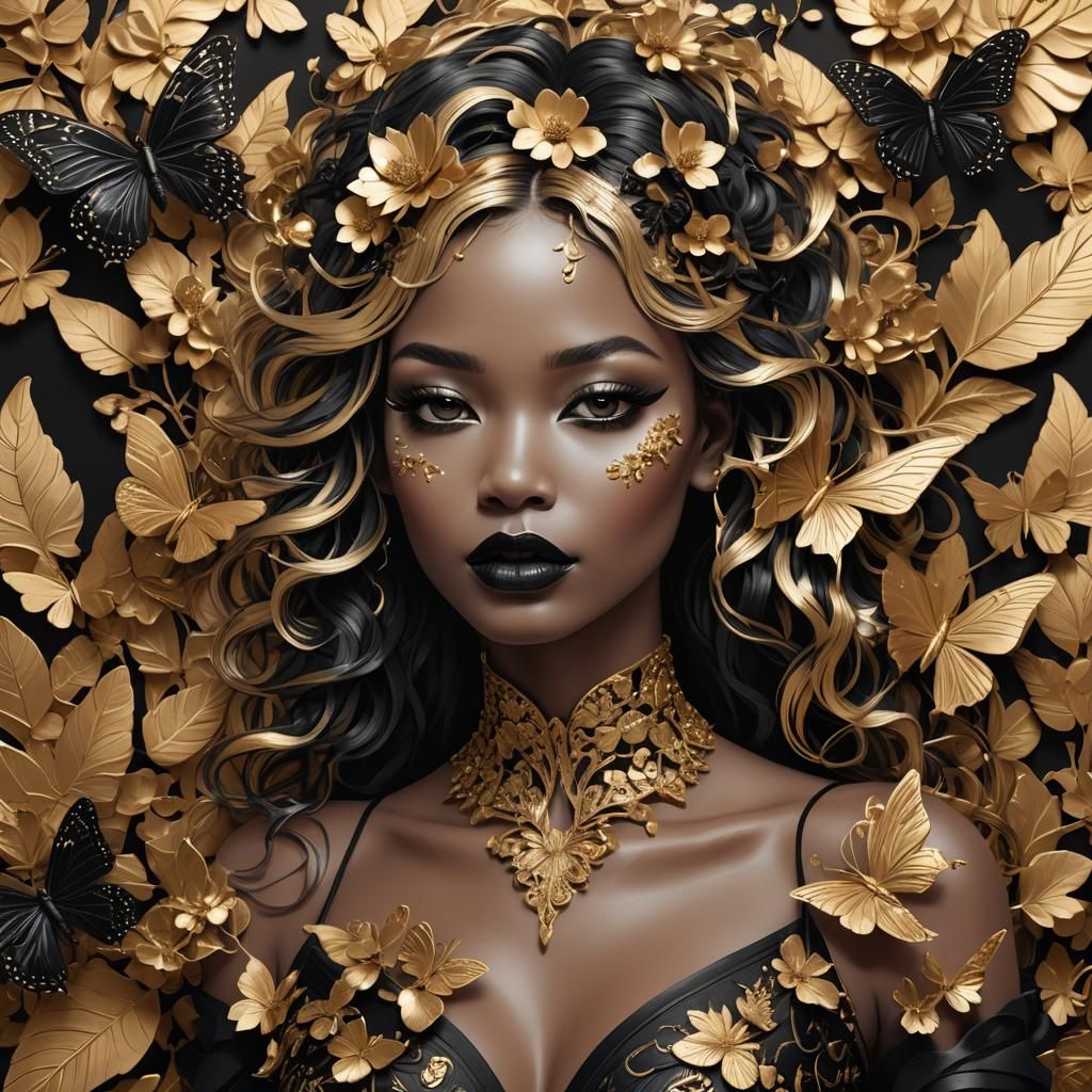 Golden Humanoid with Black Floral Hair: Digital Art