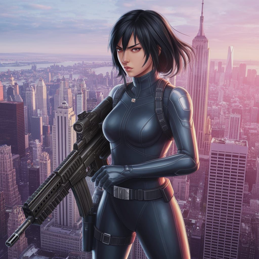 Anime-Inspired Warrior in Futuristic Metropolis