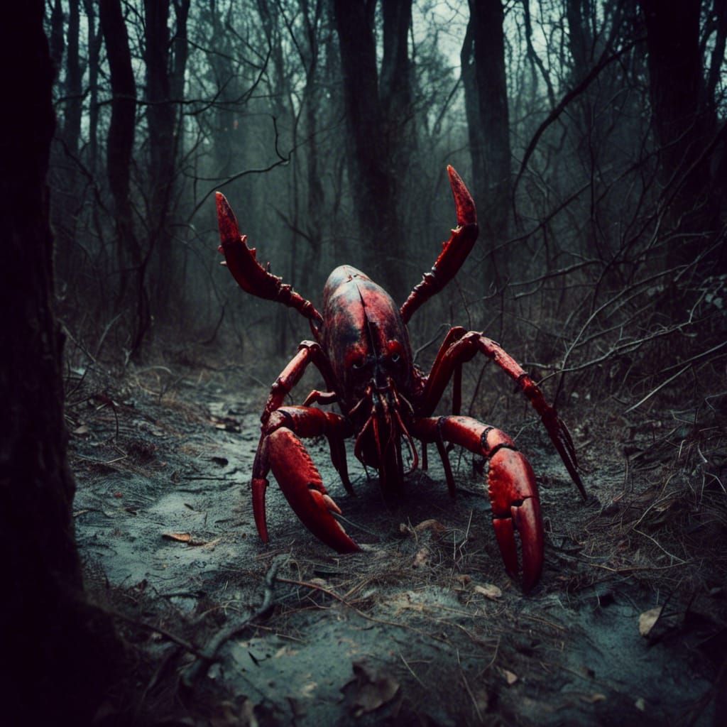 Macabre Lobster Stalker in Dark Woods