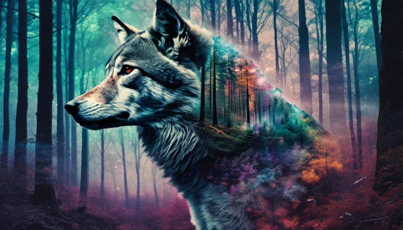 Wolf with Galaxy and Forest Double Exposure Art