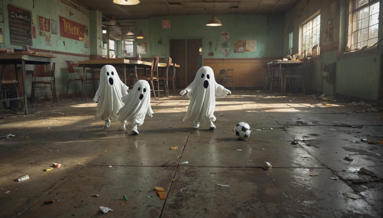 Ghosts Play Soccer in Abandoned Restaurant, Hyperrealistic A...