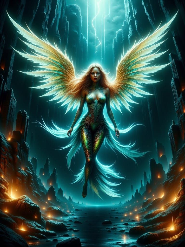 Female winged mermaid. Blue, green and yellow. Set 8n a deep ocean wonderland <lora:Glowing Flex Runes:1.0> <lora:Thrill...