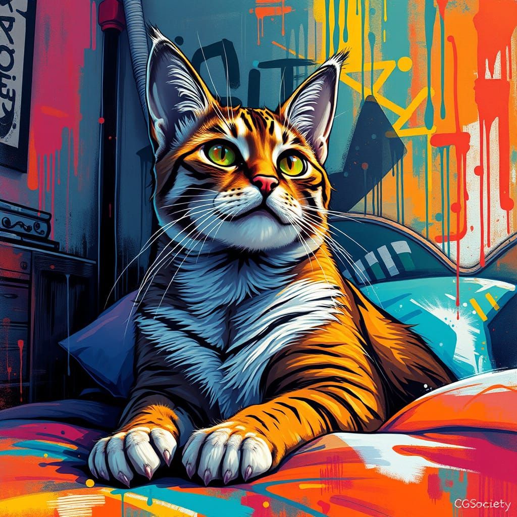 Vibrant Graffiti Cat in Urban Bedroom Scene