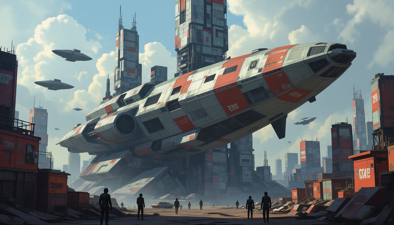 Chaotic Cityscape of Crashed Starships and Cyber-Junk