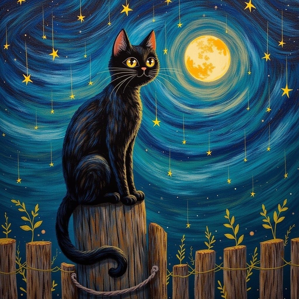 Tortoiseshell Cat Serenade Under Moonlit Sky as Impasto Pain...