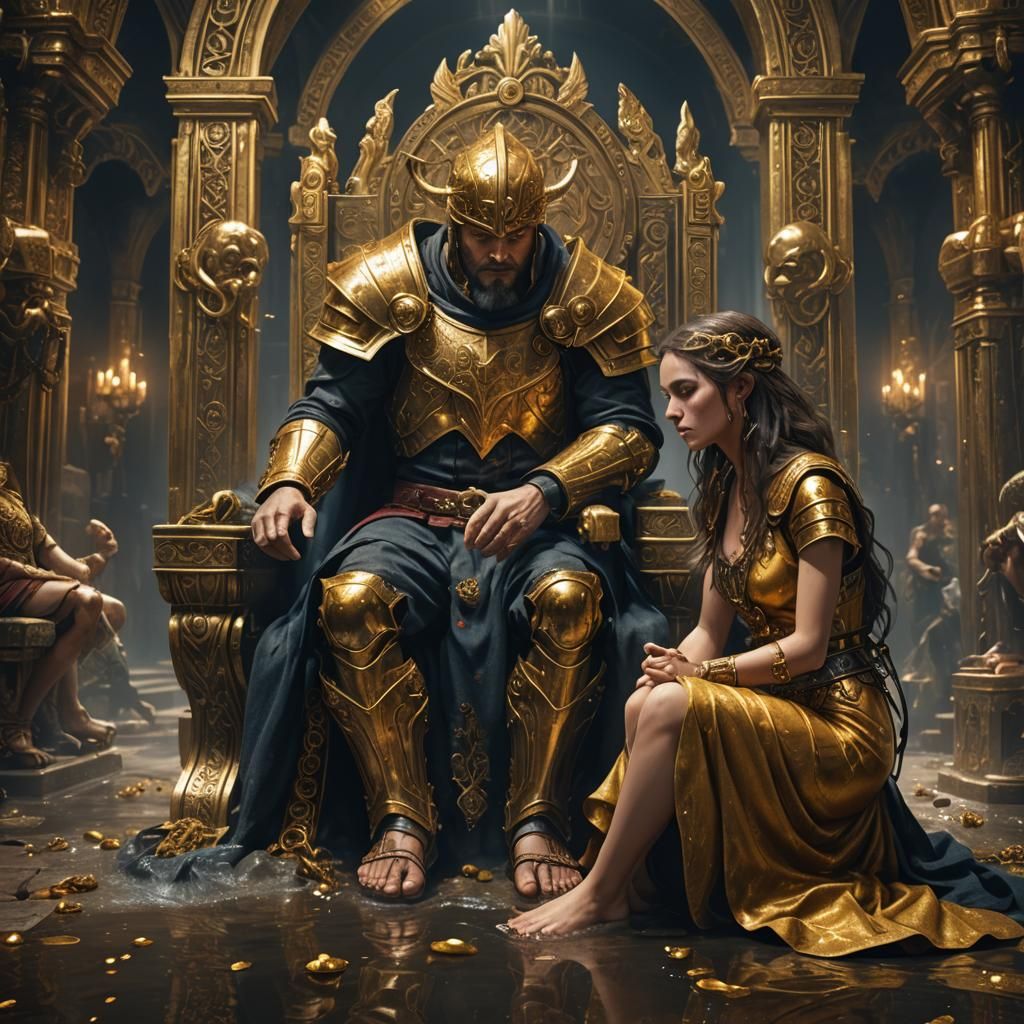 Woman Washes Feet of Man on Helmet Throne