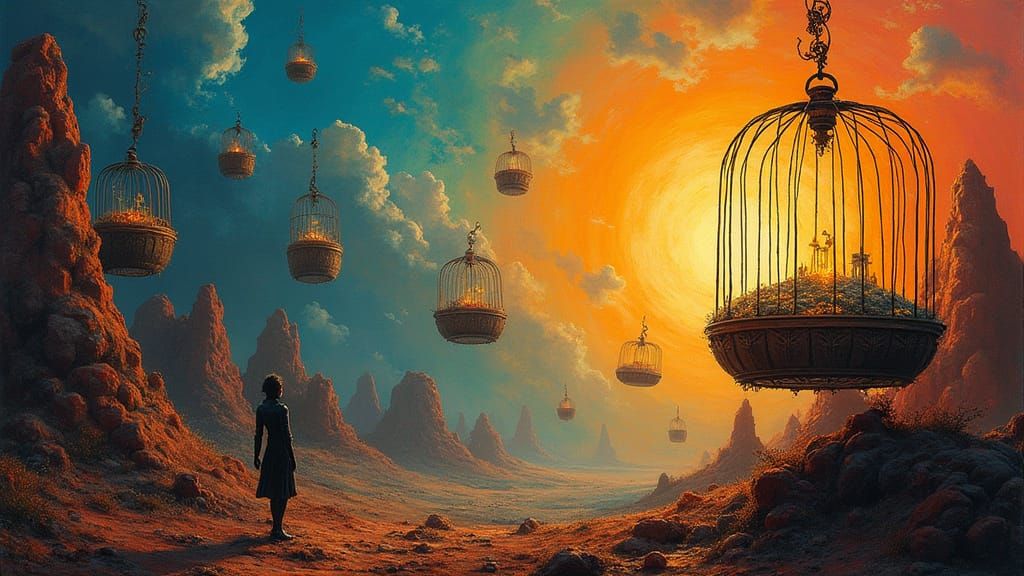 Surreal Landscape: Floating Cages with Bioluminescent Worlds