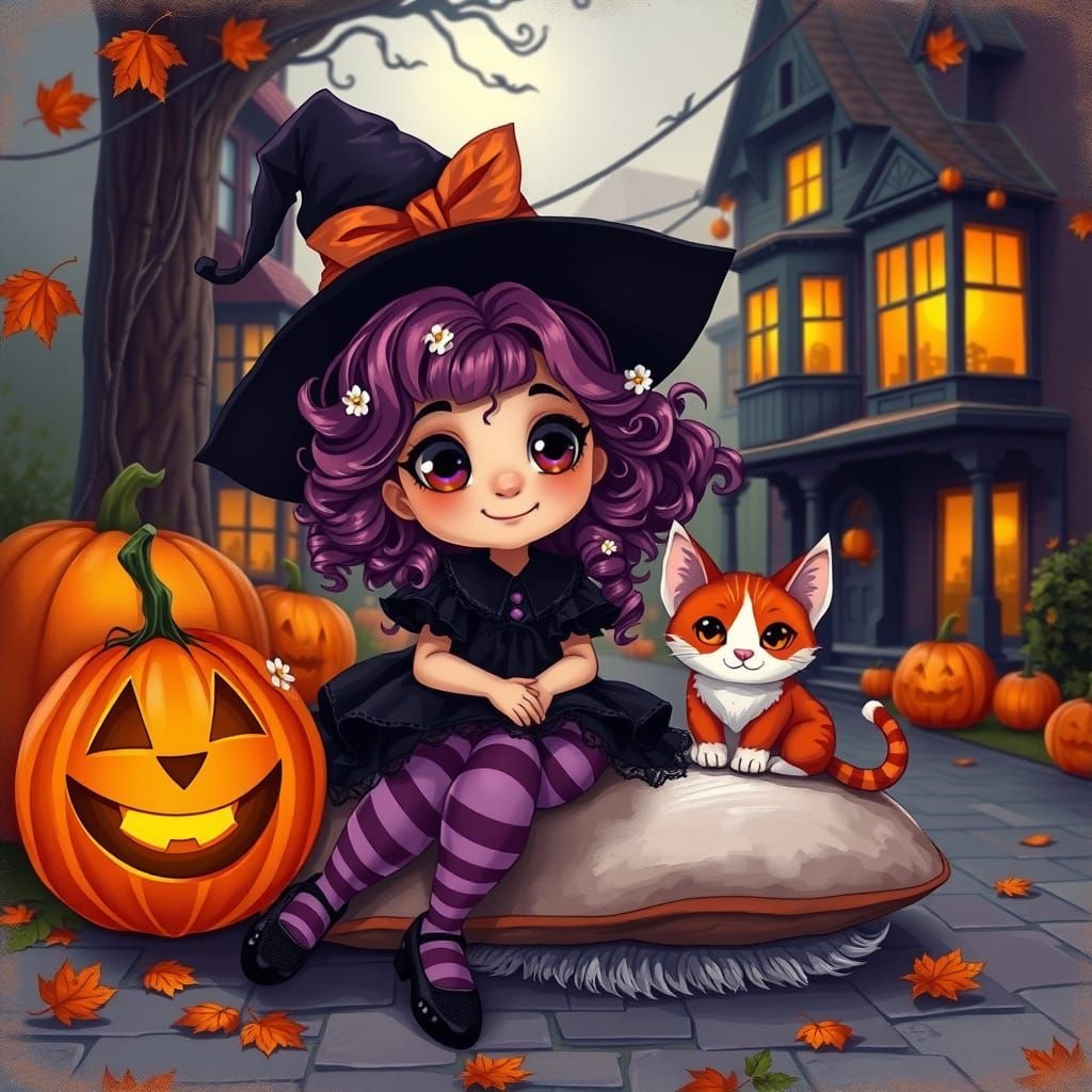 Whimsical Witch Girl with Kitten and Pumpkin