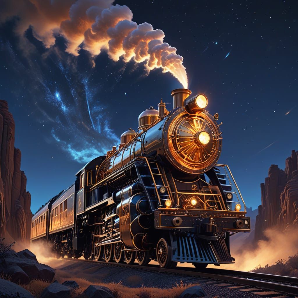 Golden Steam Locomotive Soars Across Starry Sky in Whimsical...