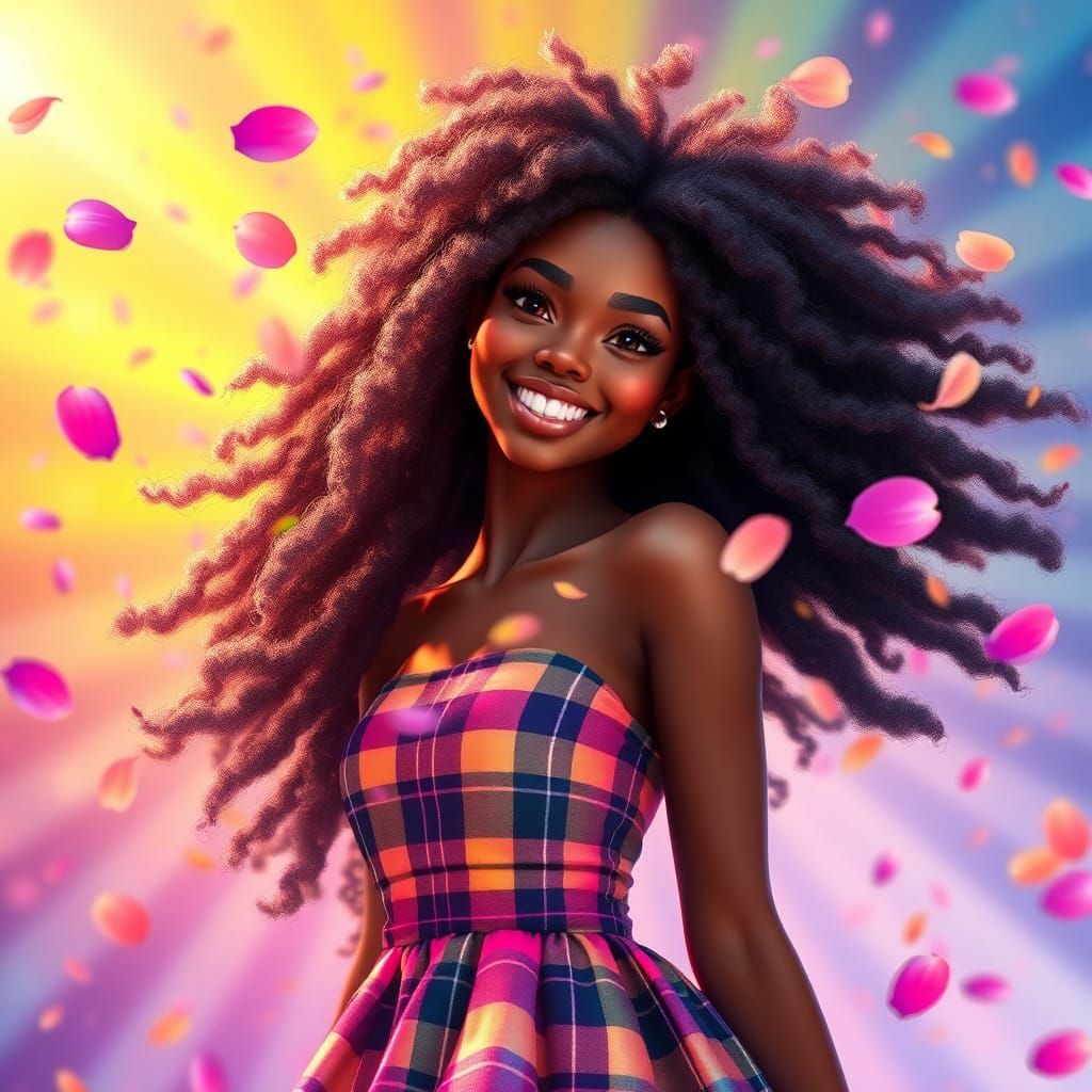 Woman in Iridescent Dress Surrounded by Flower Petals