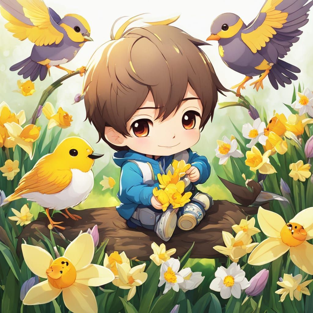 Chibi Boy Basks in Dawn's Radiant Glow