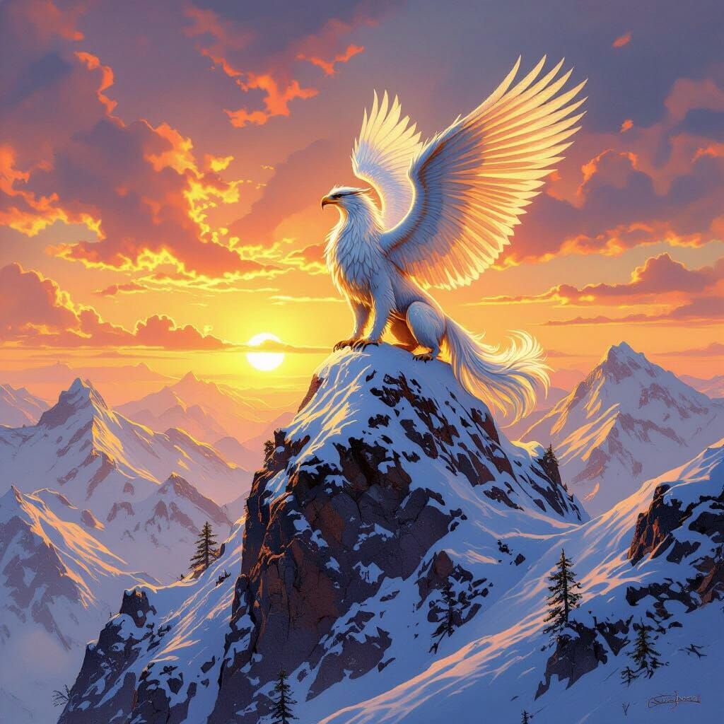 Griffin Perched on Mountain Peak at Sunset