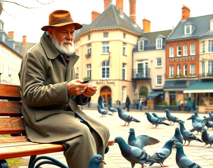 stuped old man sitting on a park bench feeding pigeons on a ...
