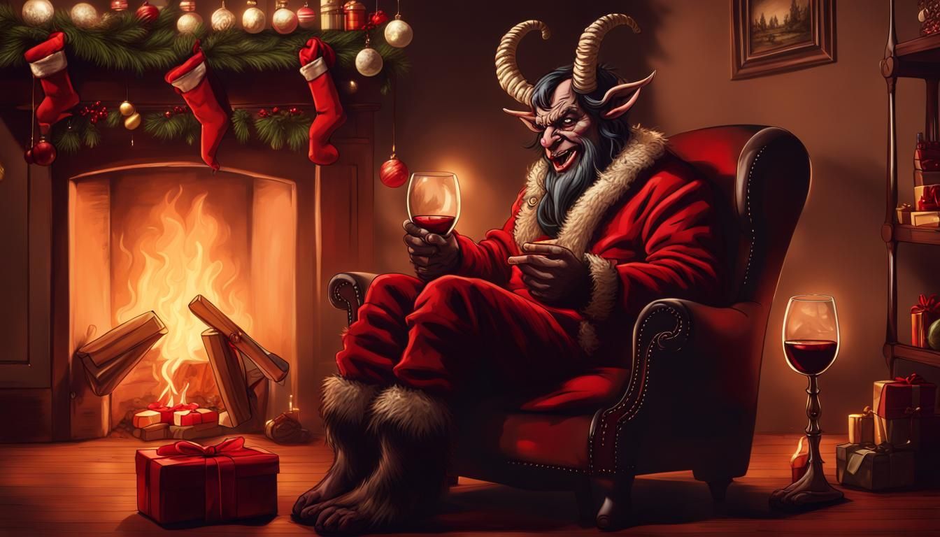 Krampus Relaxing by Christmas Fireplace