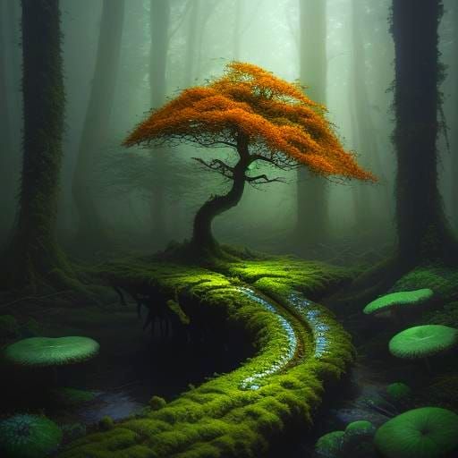 Magical Mushrooms on Mossy Log in Enchanted Forest