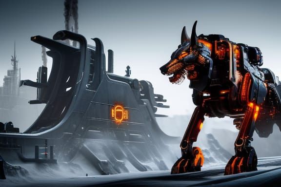 Giant Mechanical Wolf Leaping Through Snow in Cyberpunk Styl...