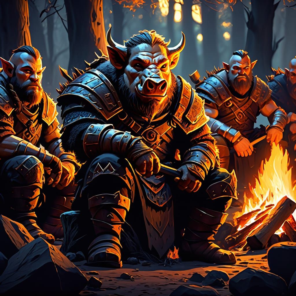 Boar Warrior with Dwarves and Orcs Around Campfire
