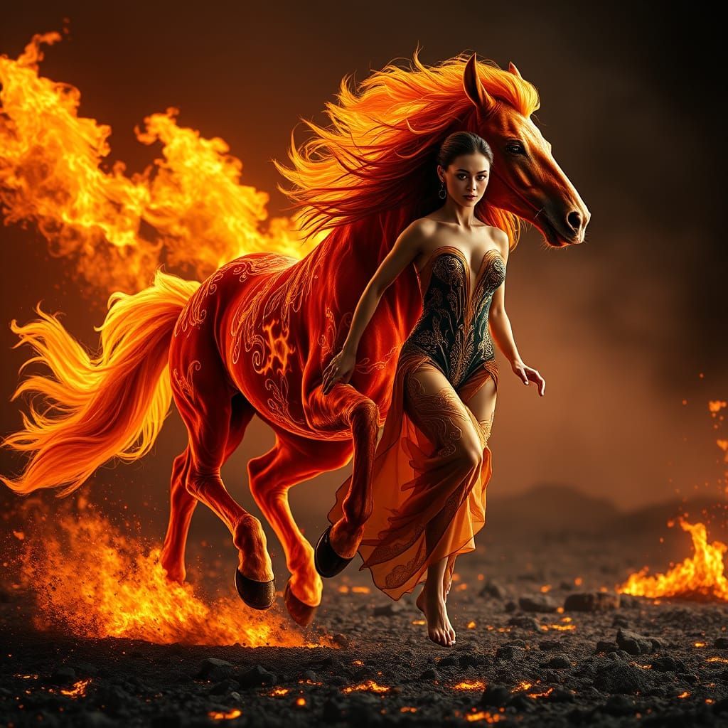 Flaming Centaur Charges Forward with Fiery Companion