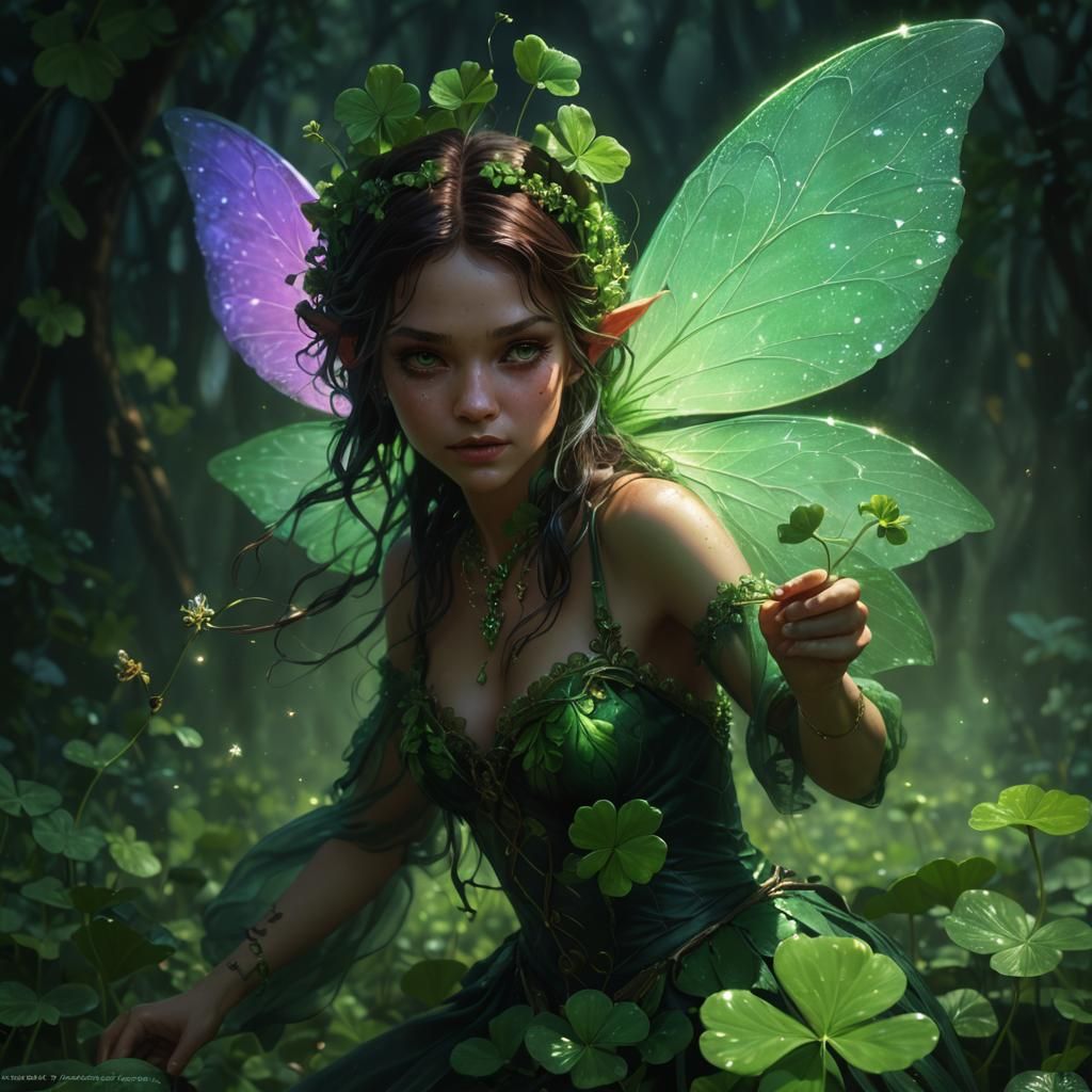 Detailed Fairy Plucking Four Leaf Clover