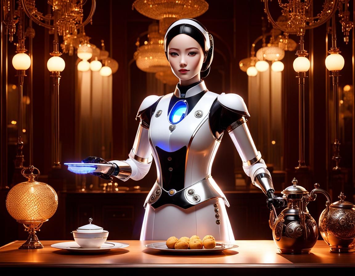 Female Robot Butler with Visible Electronics