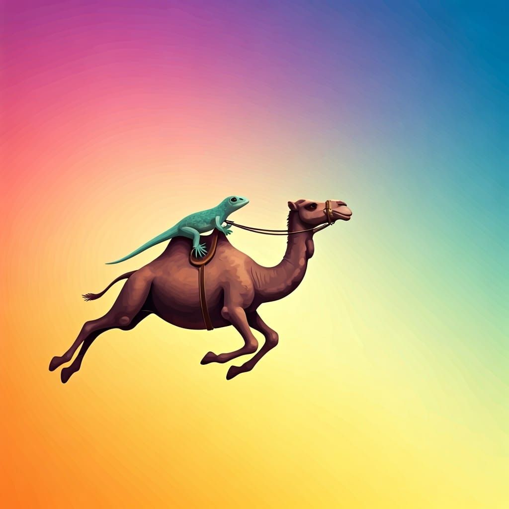 Gecko Rides Camel Through Rainbow Sky