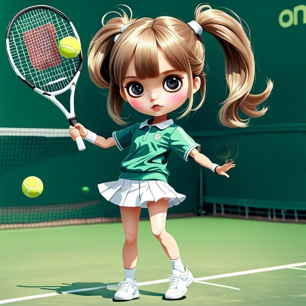 Cute Blythe Doll Plays Tennis: 2D Anime Illustration
