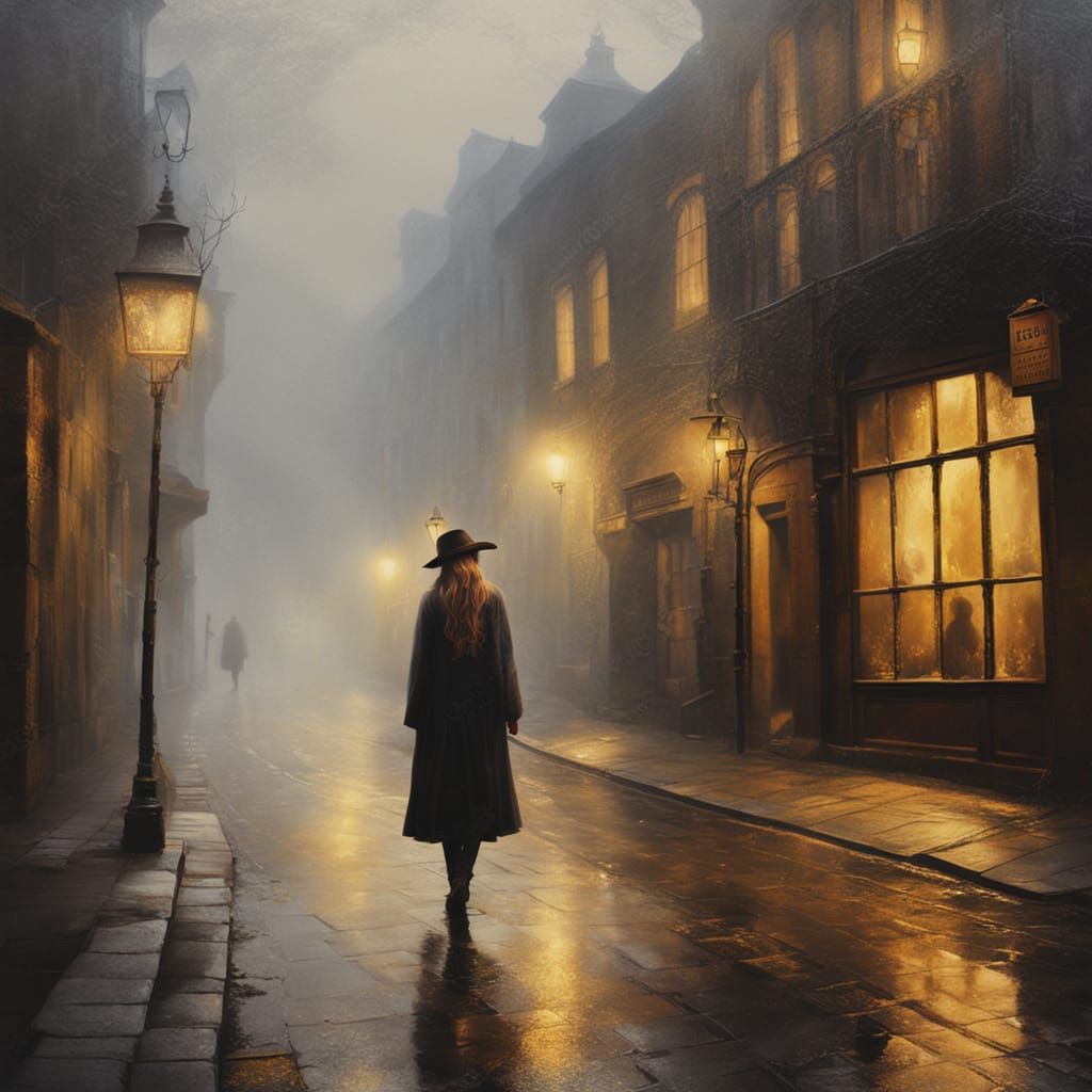 Mystical Realism: Woman in Foggy Old Town