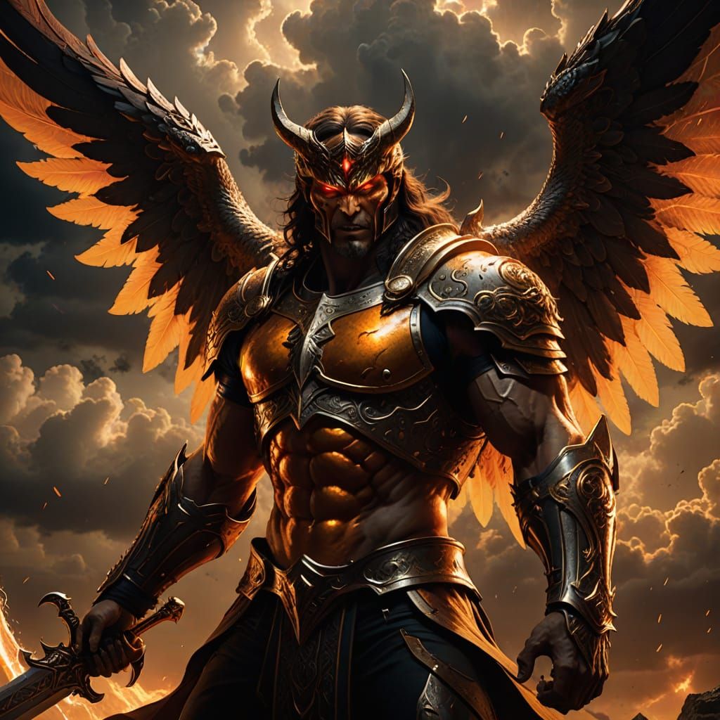 Surreal Demon Lord Falls from Heavenly Realm in Radiant Glor...