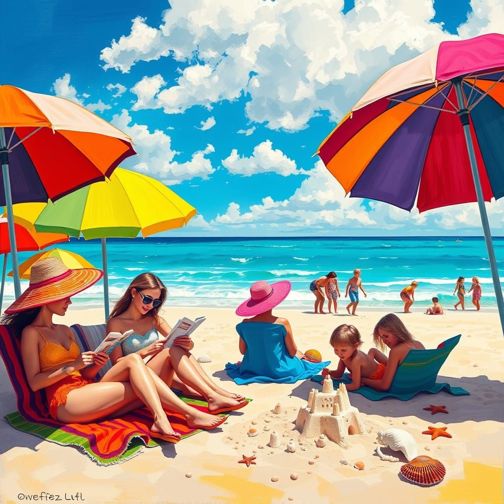 Vibrant Beach Scene with Friends in Colorful Beachwear