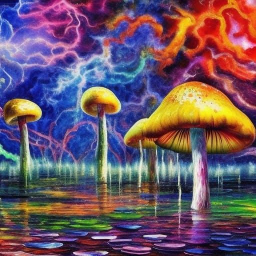 Toxic Mushroom Paradise Under Electric Storm, Impasto
