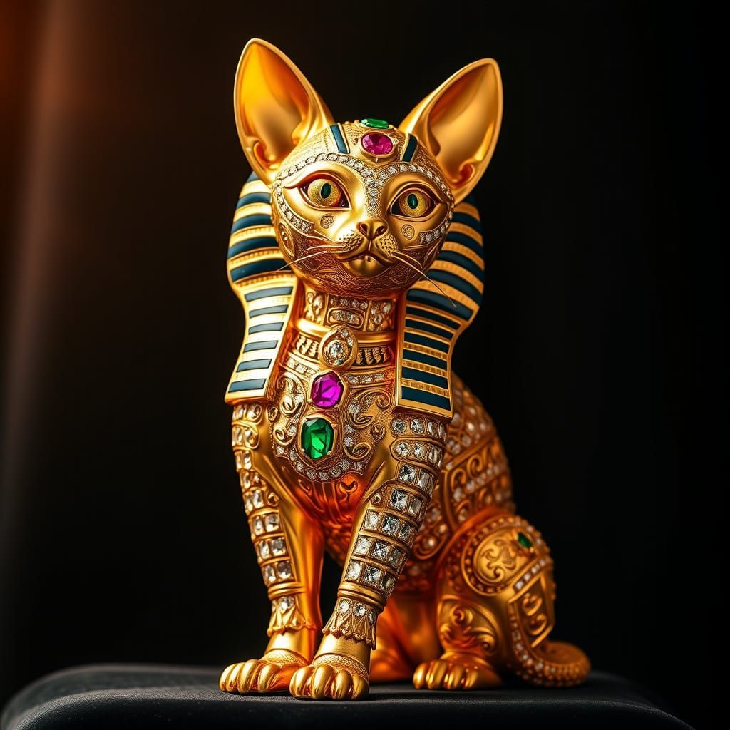 Golden Egyptian Cat Sculpture in Opulent Baroque Style