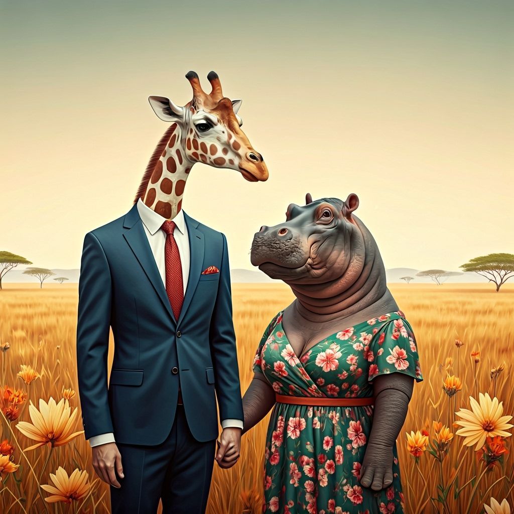 Giraffe and Hippo Wedding in Lush Savannah