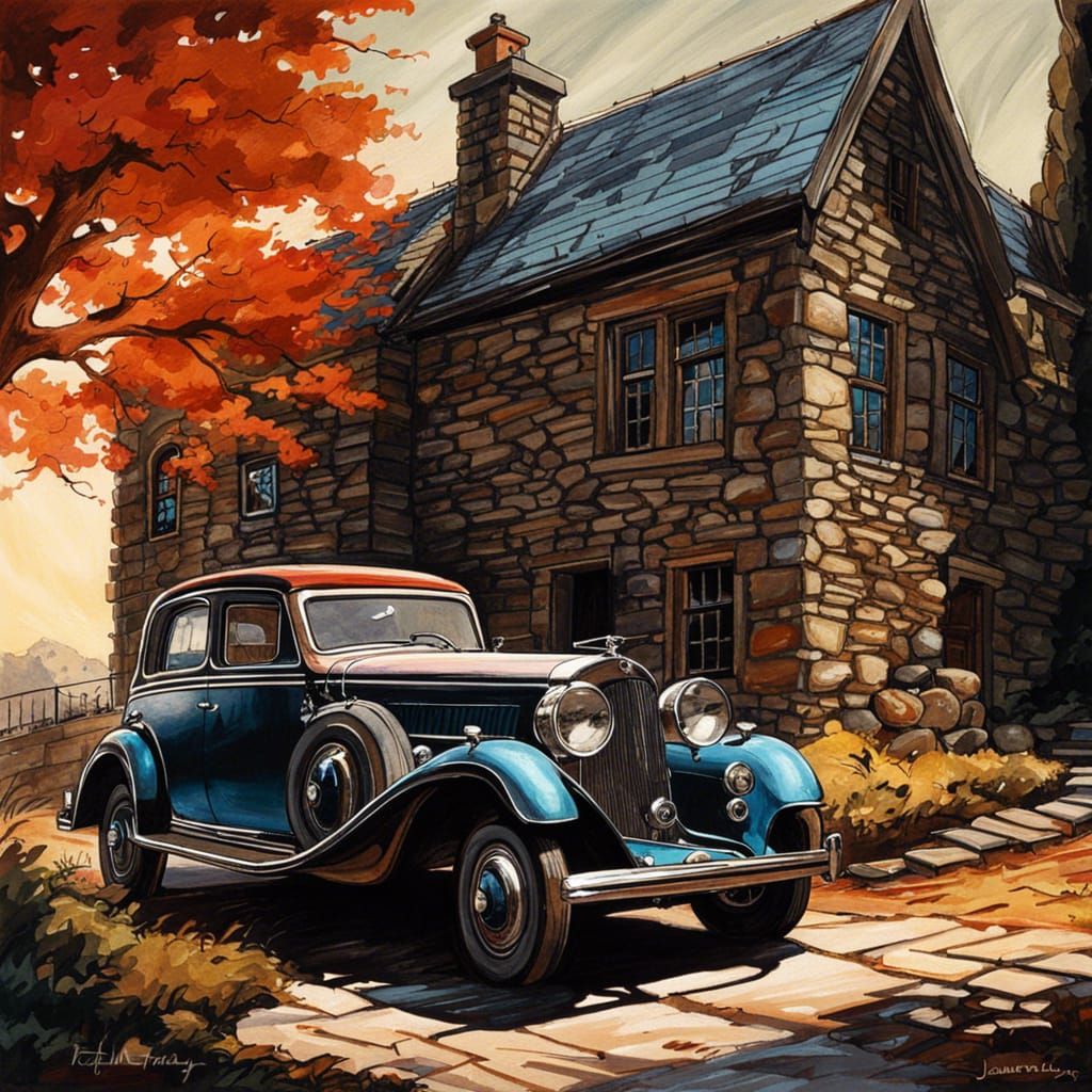 Vintage Car by Old Stone House, High Contrast