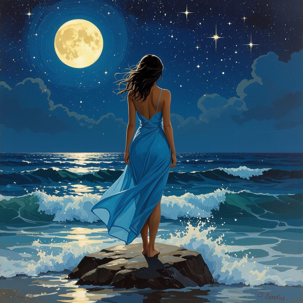 Woman on Rock Under Starry Moon in Magical Realism