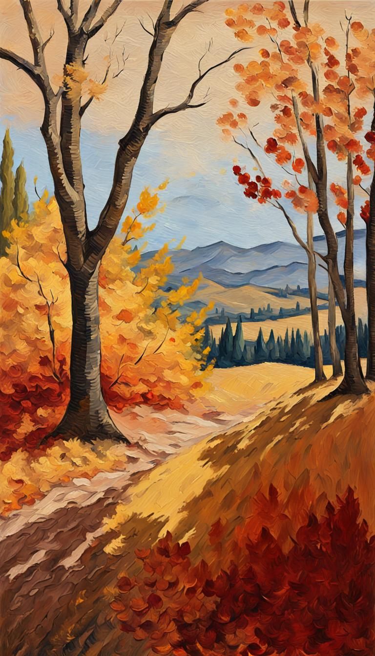 Expressionist landscape. Medium shot. A tree with autumn lea...