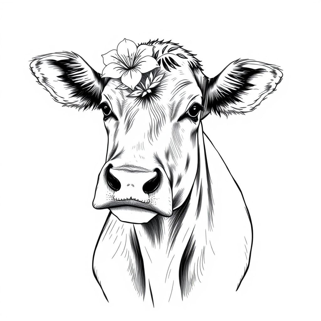 Cow With Flower: Elegant Black and White Sketch