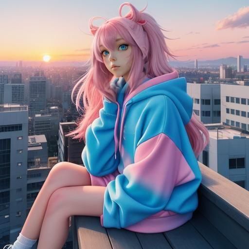 Anime Girl with Pink Hair and Blue Eyes