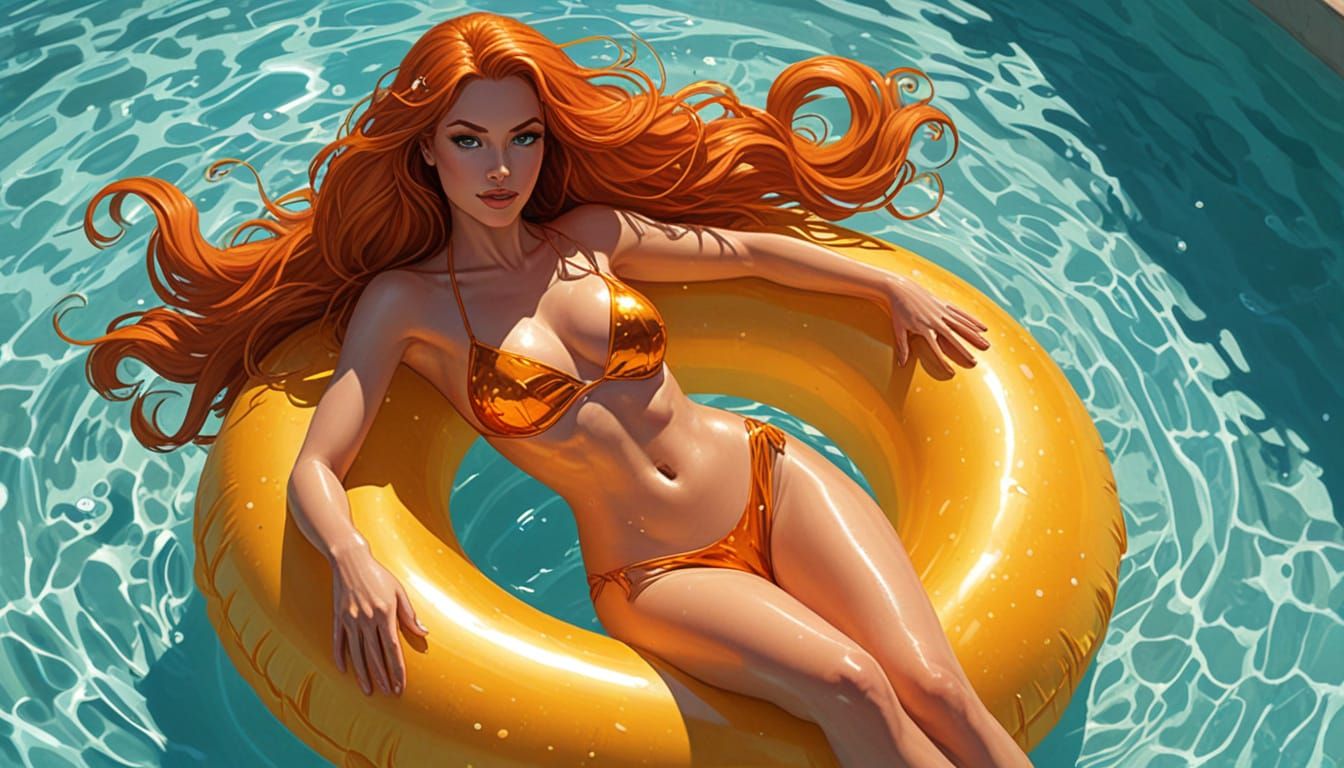 Radiant Comic Book Pin-Up Bombshell in Pool