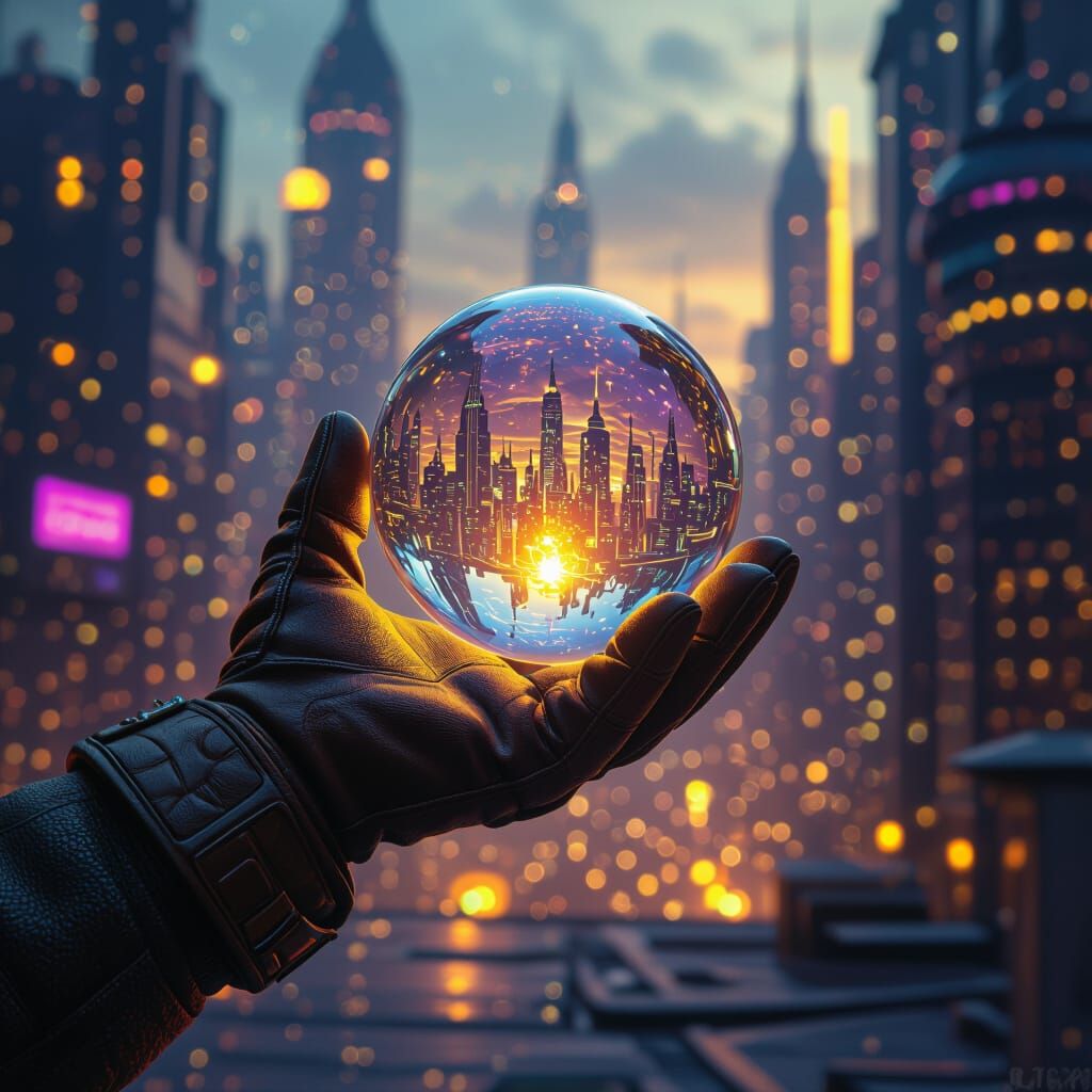Futuristic City in Glass Ball, Dark Fantasy Art