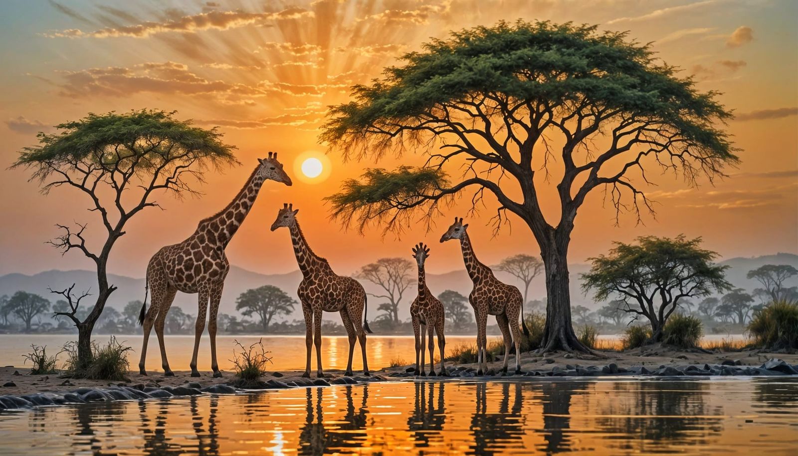 Giraffe Family Silhouette Illustration in Oil Painting Style