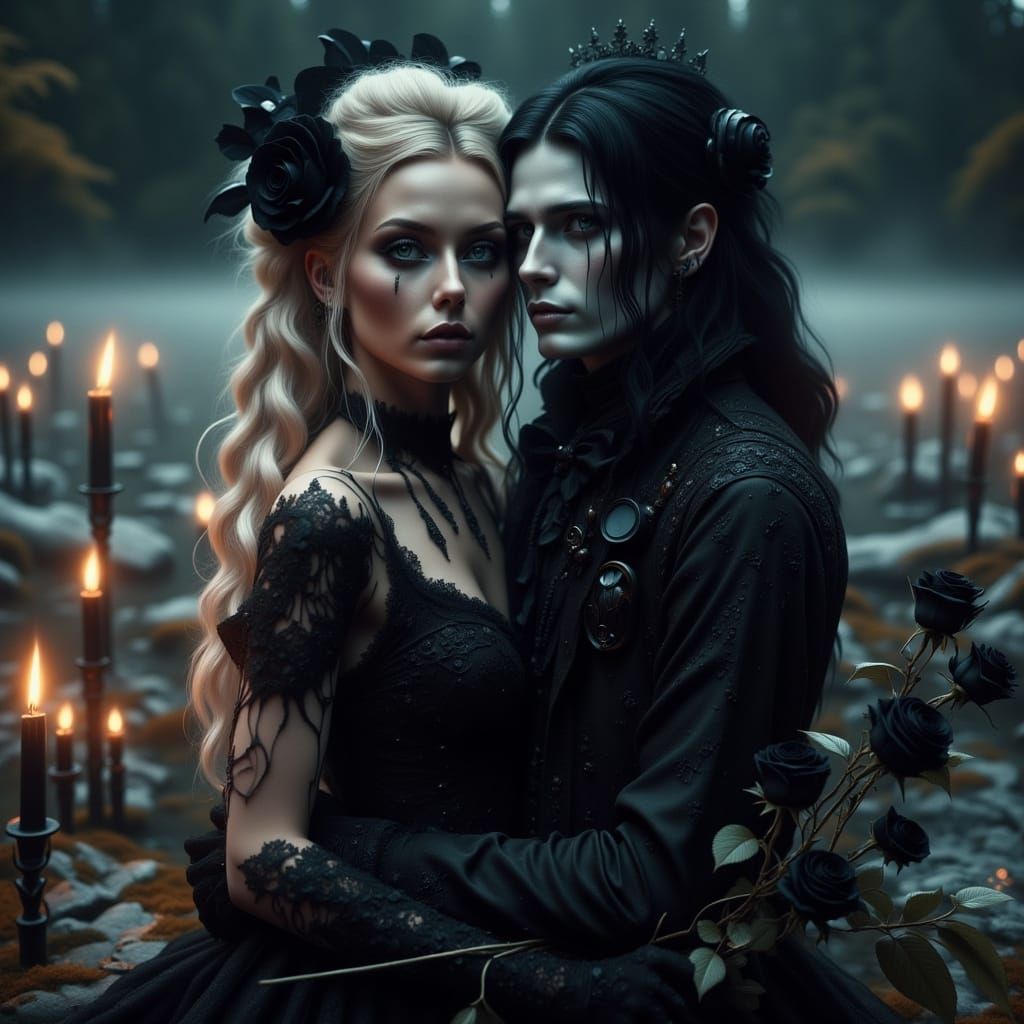 Gothic Bride and Groom by Candlelit Lake