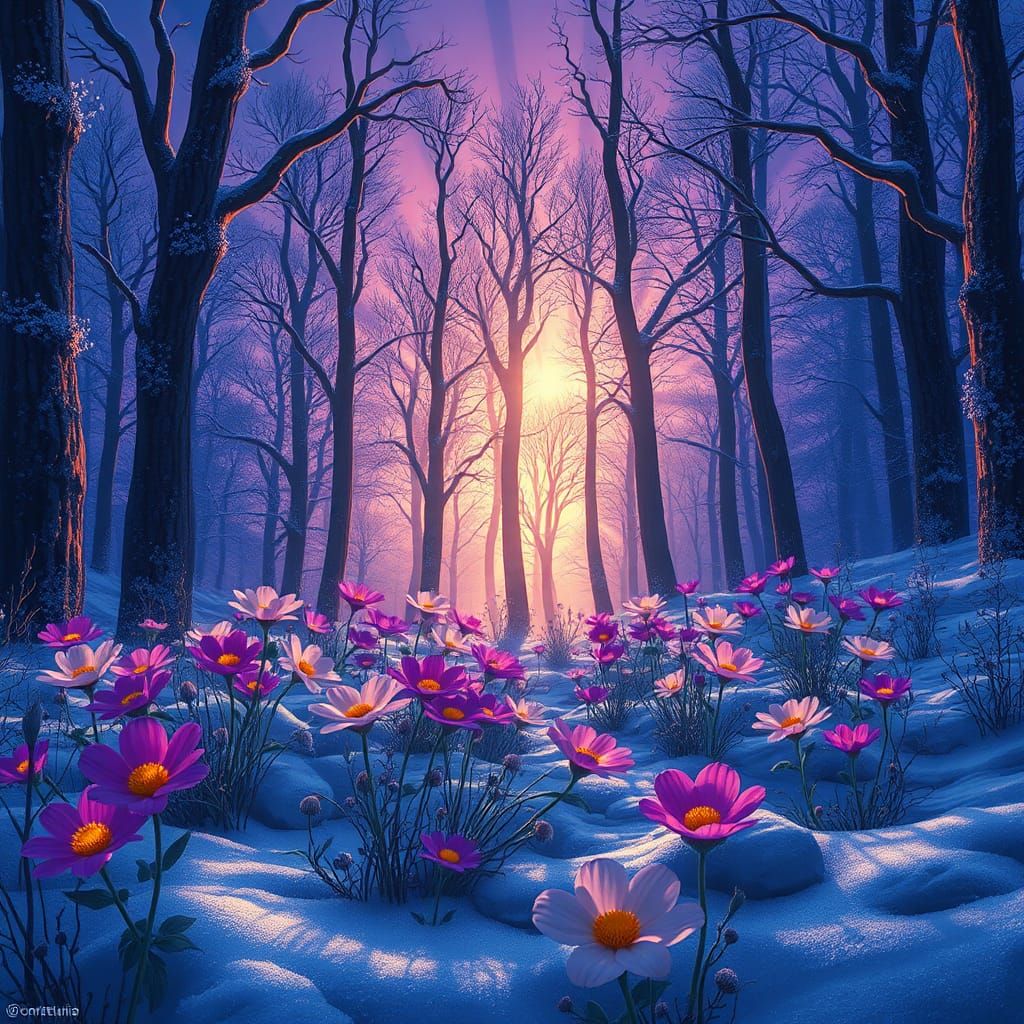 Winter Flowers in Mystical Forest: Fantasy Concept Art