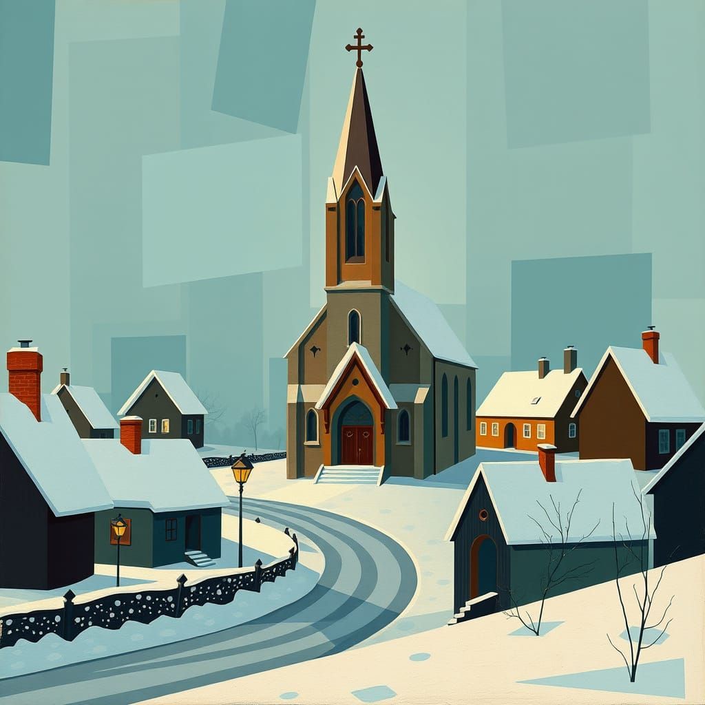 Snowy Gothic Church in Abstract Cubist Style
